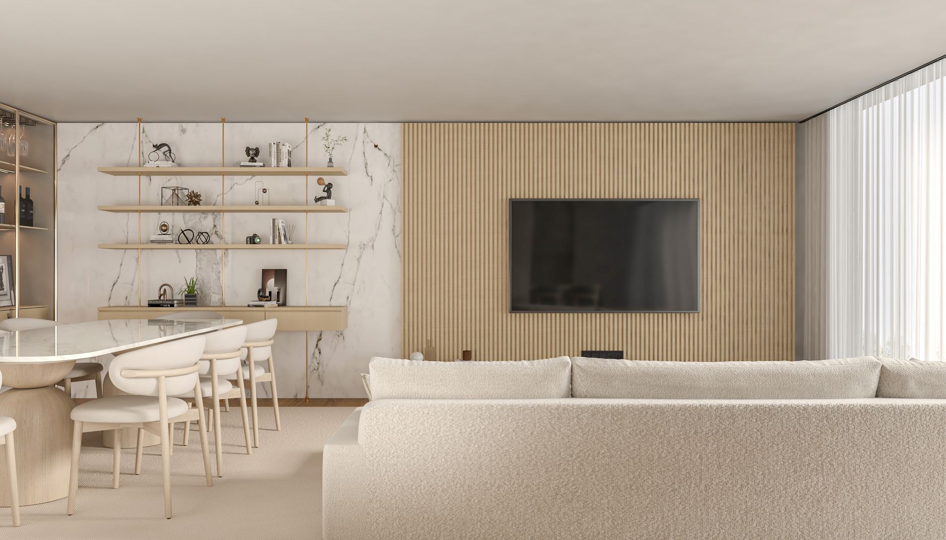 Petit salon lumineux avec coin repas compact