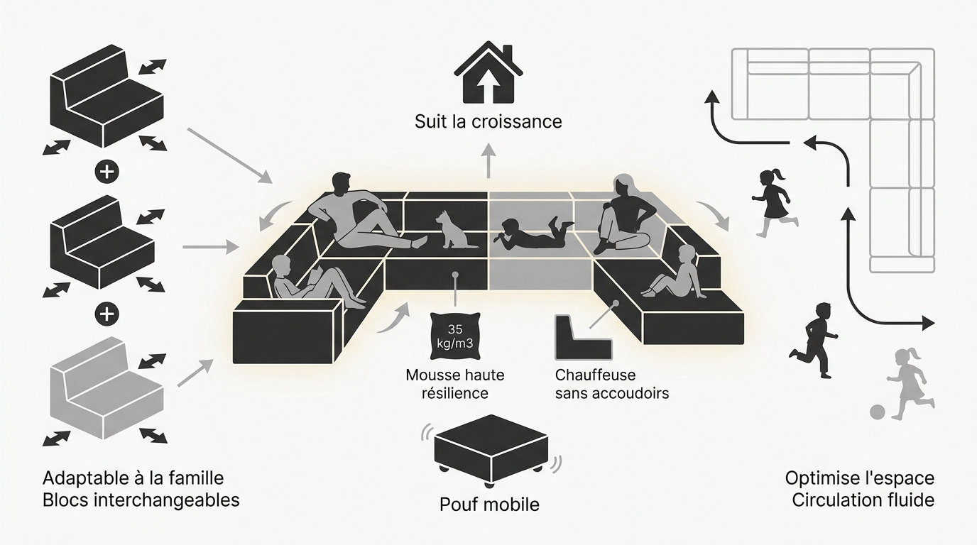 Canapé modulable gris dans un salon familial spacieux et lumineux