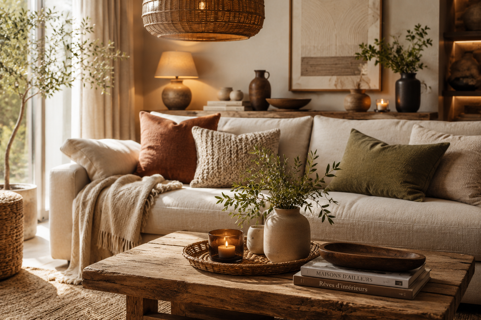 Exemple d'un intérieur cosy où les couleurs chaudes, les luminaires tamisés et les matériaux naturels apportent confort et convivialité au quotidien.