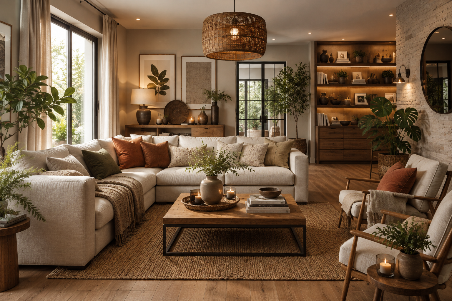 Pièce de vie décorée avec des accessoires soigneusement sélectionnés, des plantes, des coussins et des objets en bois créant une atmosphère élégante et chaleureuse.