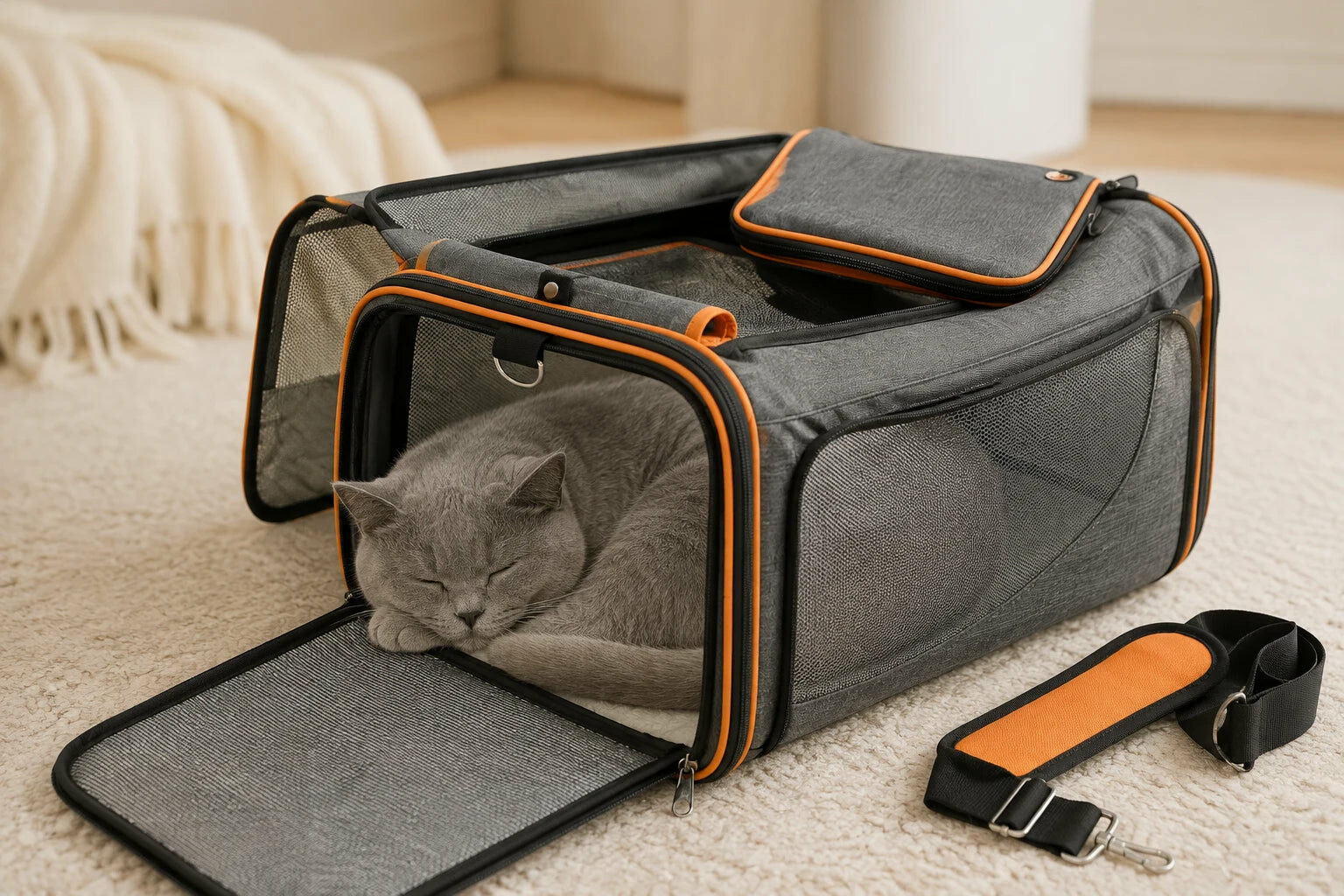 Chat gris endormi dans un sac de transport souple ouvert, posé sur un tapis dans un salon